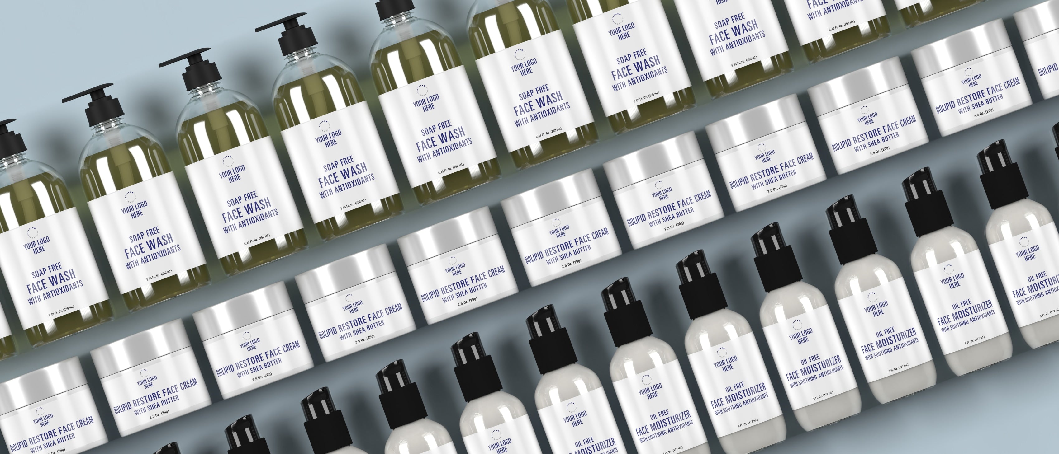 A rendering of of a variety of white label skincare products arranged in rows showing the example "Your Logo Here" labels
